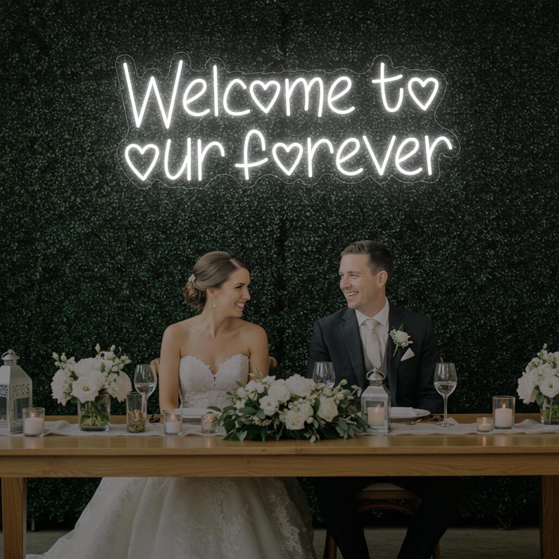 Welcome to Our Forever neon sign wedding reception backdrop Neon.Shop