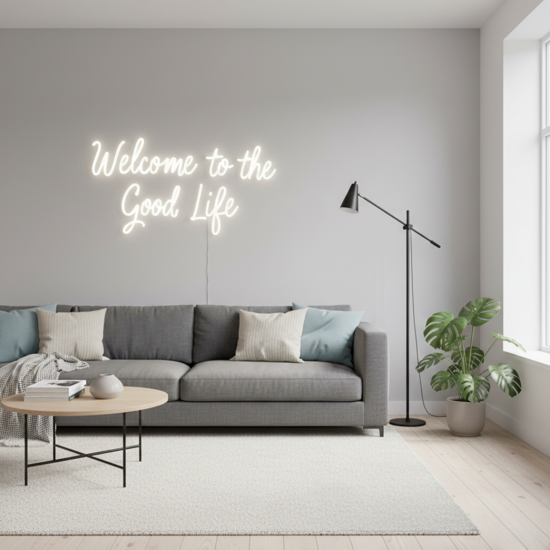 Welcome to the Good Life Neon Sign displayed in living room or lounge by Neon.Shop