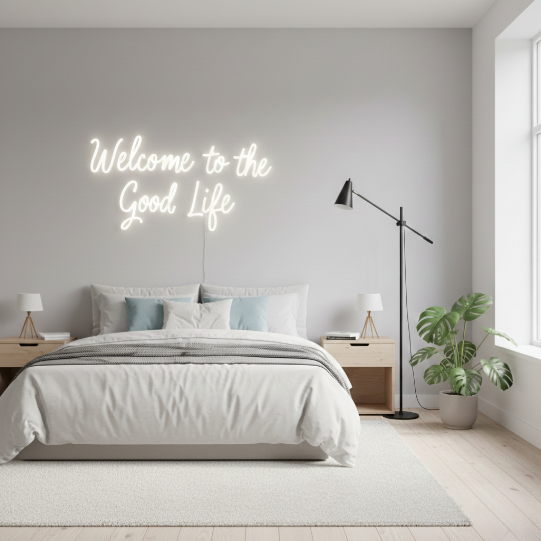 Welcome to the Good Life Neon Sign displayed in living room or lounge by Neon.Shop