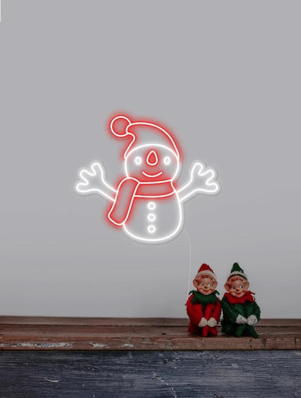 White and Red Snowman Merry Christmas Neon Sign by Neon.Shop featuring a glowing snowman design 