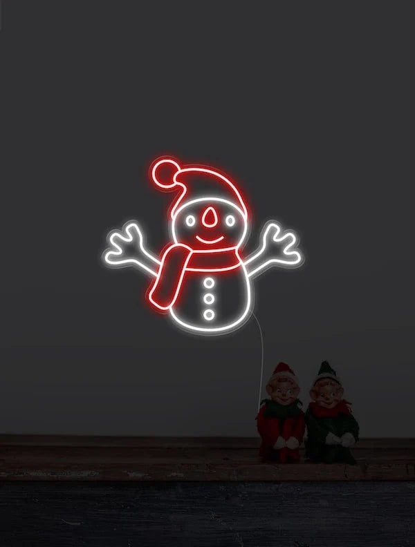 White and Red Snowman Merry Christmas Neon Sign by Neon.Shop featuring a glowing snowman design with festive Christmas lettering.