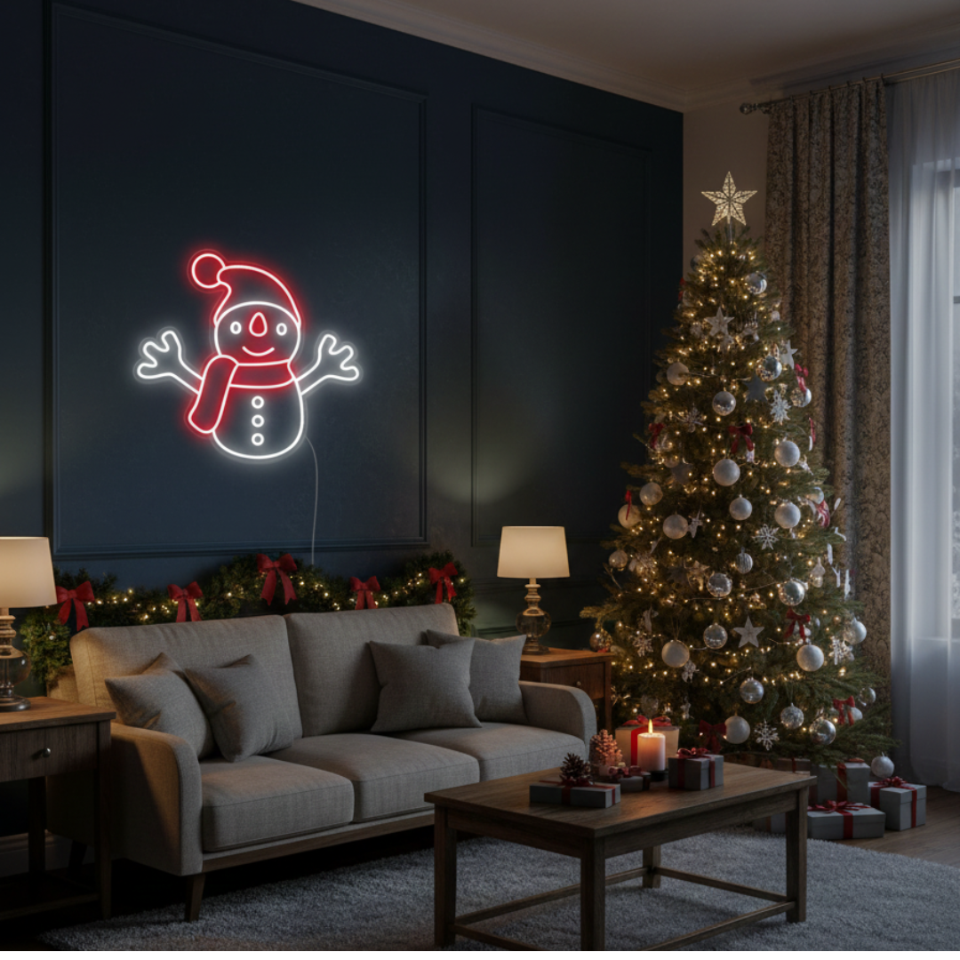 White and Red Snowman Merry Christmas Neon Sign by Neon.Shop featuring a glowing snowman design 