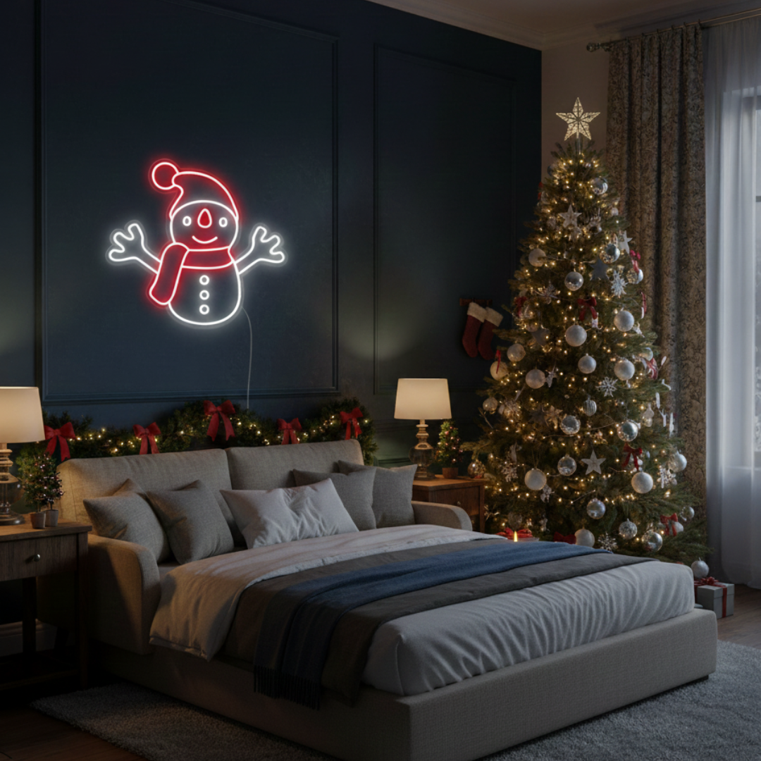 White and Red Snowman Merry Christmas Neon Sign by Neon.Shop featuring a glowing snowman design 