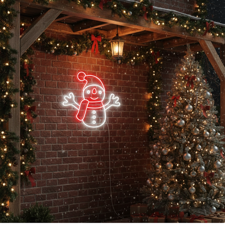 White and Red Snowman Merry Christmas Neon Sign by Neon.Shop featuring a glowing snowman design 