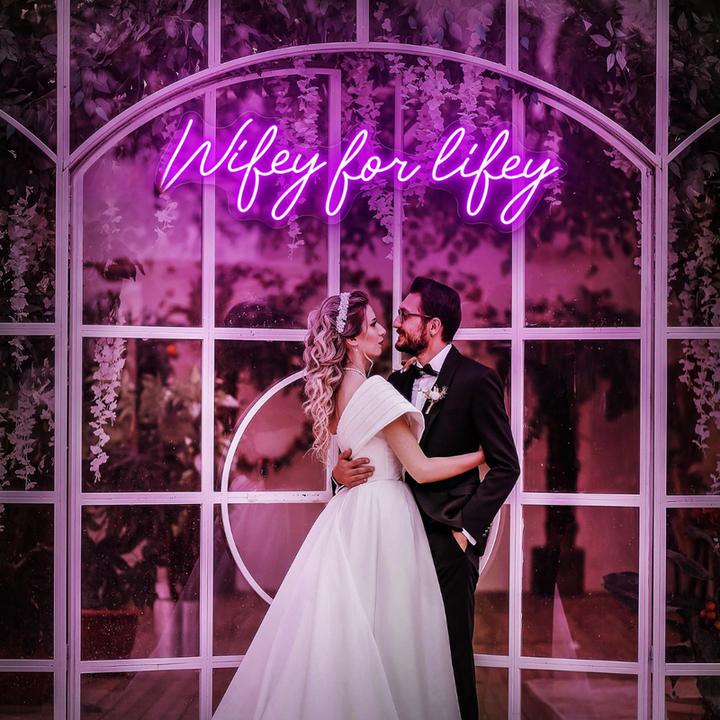 Wifey for Lifey wedding LED neon sign glowing on backdrop – Neon.Shop