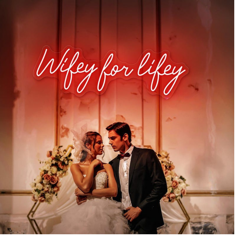 Wifey for Lifey wedding LED neon sign glowing on backdrop – Neon.Shop