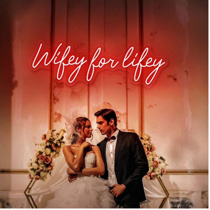 Wifey for Lifey wedding LED neon sign glowing on backdrop – Neon.Shop
