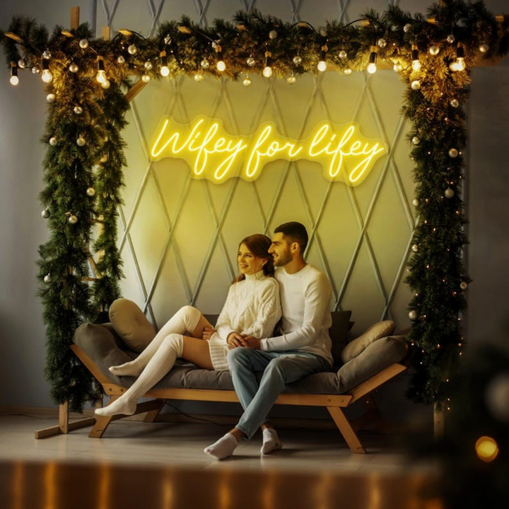 Wifey for Lifey wedding LED neon sign glowing on backdrop – Neon.Shop