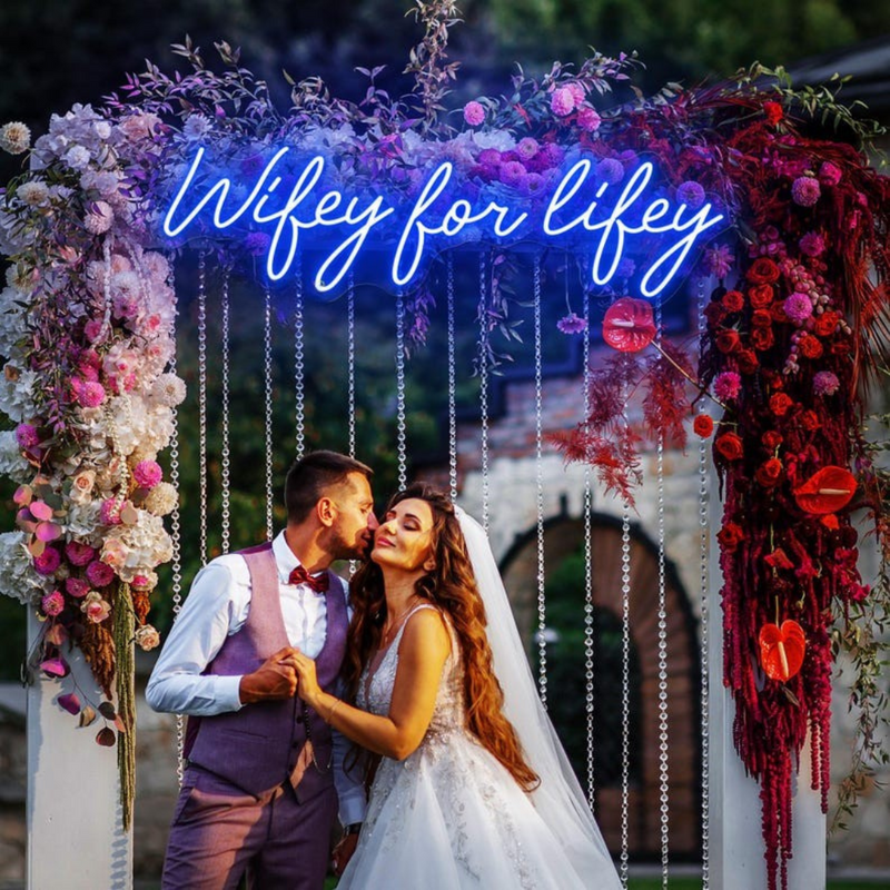 Wifey for Lifey wedding LED neon sign glowing on backdrop – Neon.Shop