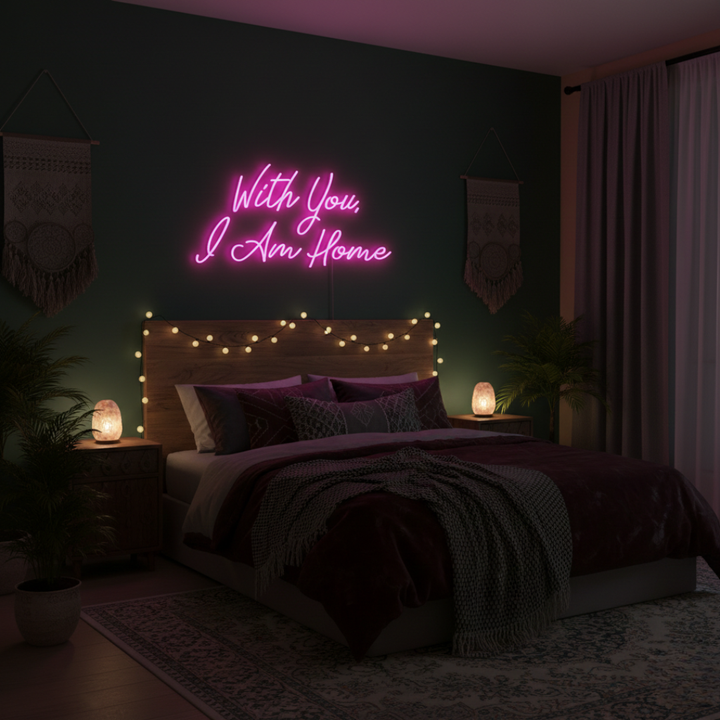With You, I Am Home neon sign illuminating cozy interiors by Neon.Shop