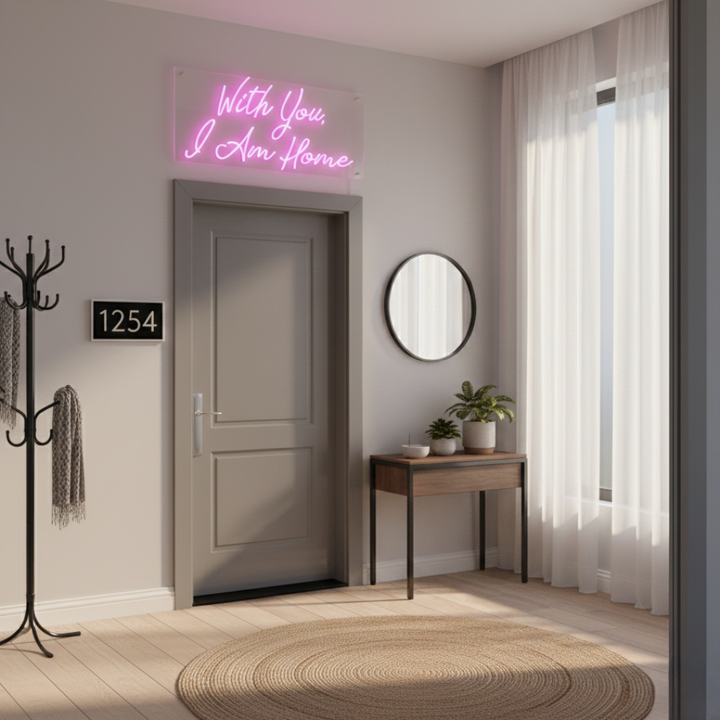 With You, I Am Home neon sign illuminating cozy interiors by Neon.Shop