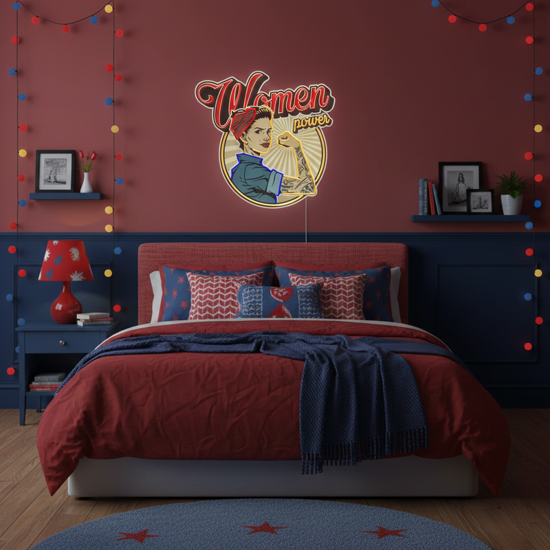 Women In Power UV Art LED neon sign with bold empowering design glowing in vibrant colors by Neon.Shop
