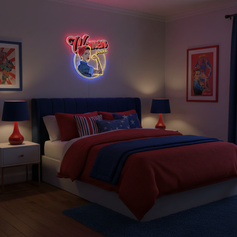 Women In Power UV Art LED neon sign with bold empowering design glowing in vibrant colors by Neon.Shop