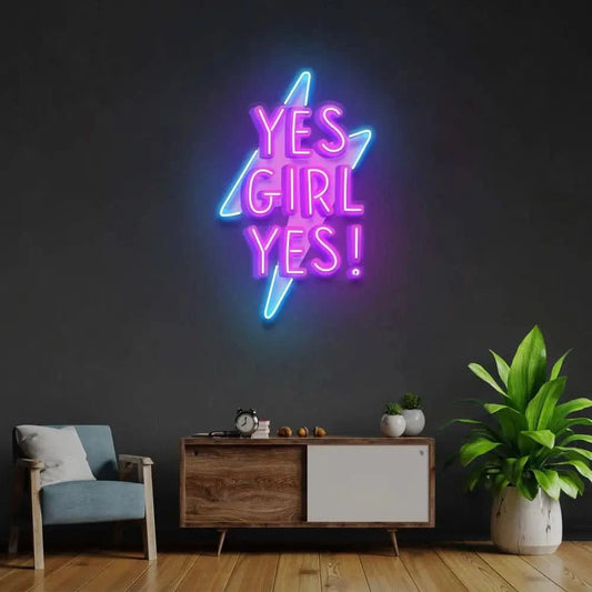 Yes Girl Yes LED neon sign by Neon.Shop glowing on a wall as empowering and stylish neon décor