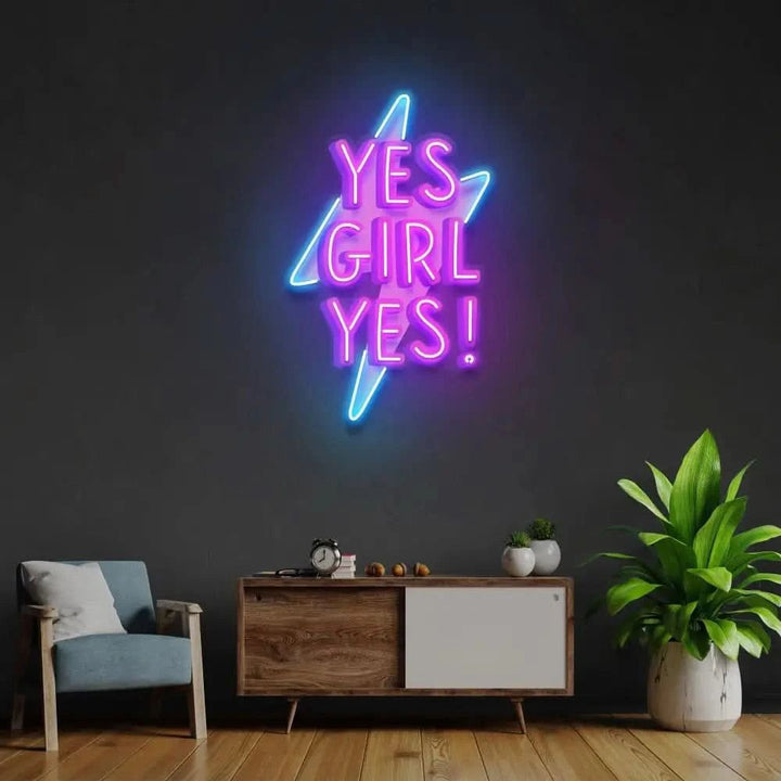 Yes Girl Yes LED neon sign by Neon.Shop glowing on a wall as empowering and stylish neon décor