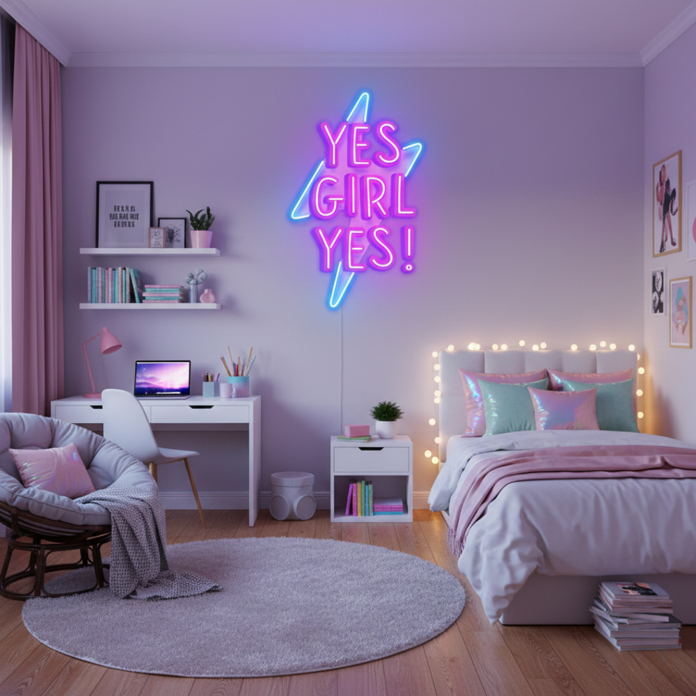 Yes Girl Yes LED neon sign by Neon.Shop glowing on a wall as empowering and stylish neon décor