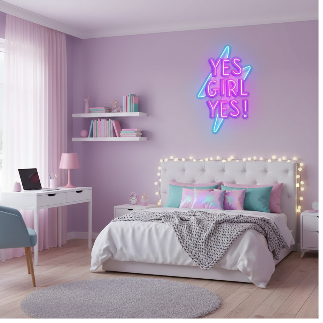 Yes Girl Yes LED neon sign by Neon.Shop glowing on a wall as empowering and stylish neon décor