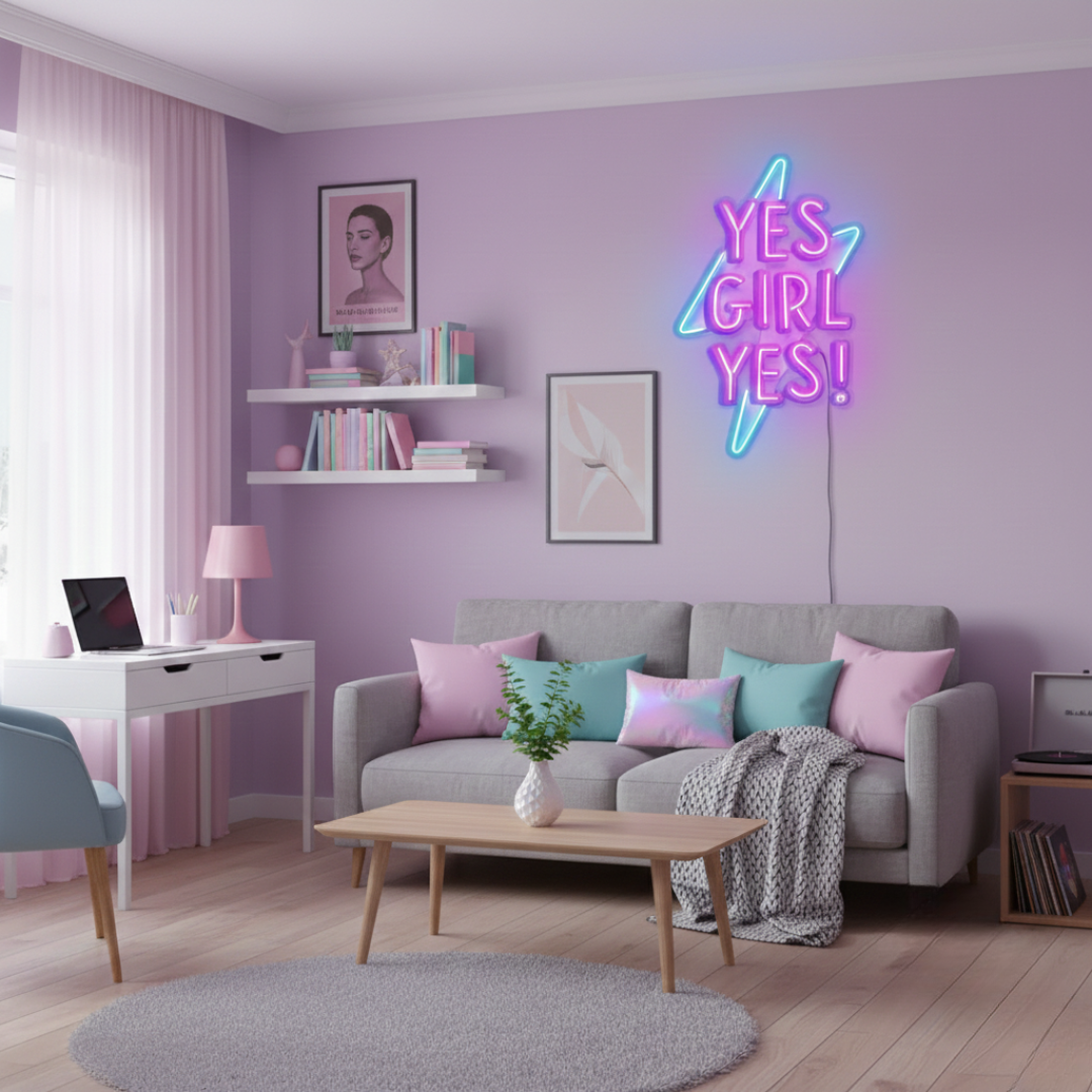 Yes Girl Yes LED neon sign by Neon.Shop glowing on a wall as empowering and stylish neon décor