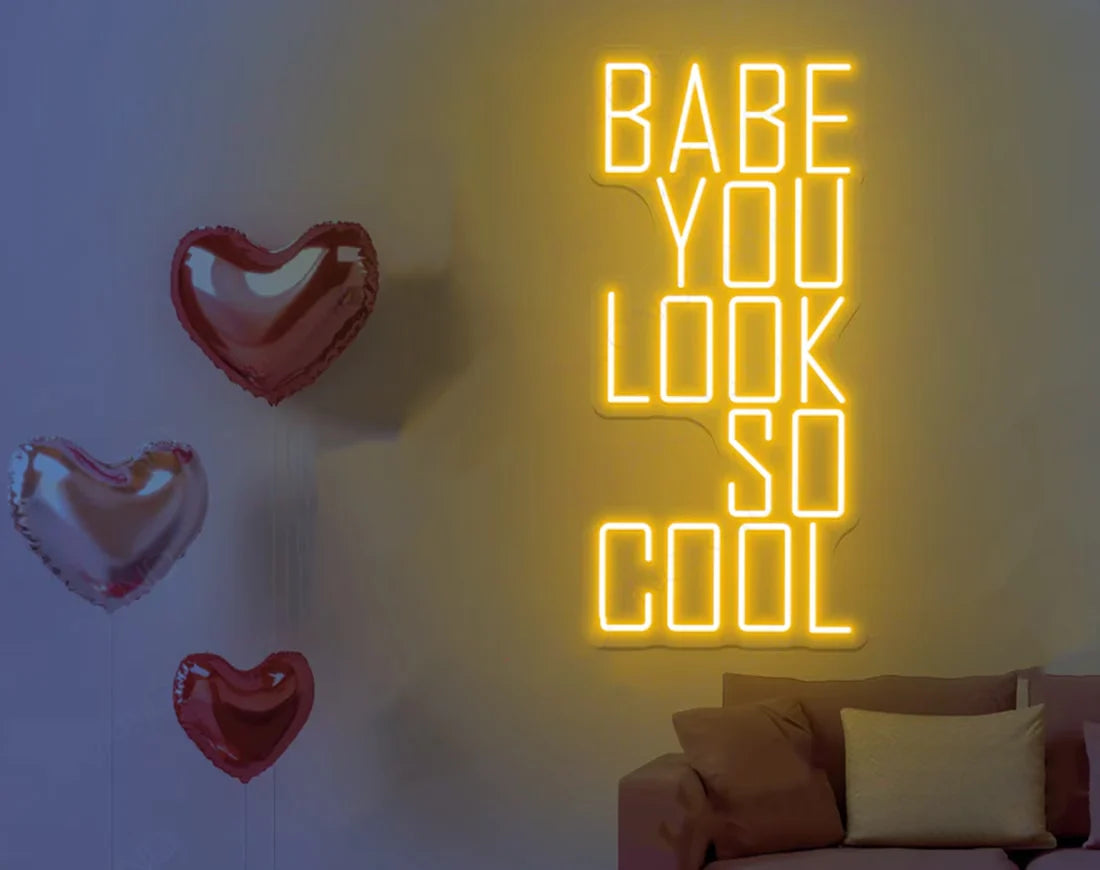 You Look So Cool Babe Valentine’s Day LED neon sign by Neon.Shop glowing in vibrant light with modern lettering, ideal for bedrooms, living spaces, cafés, Valentine’s décor, and photo backdrops