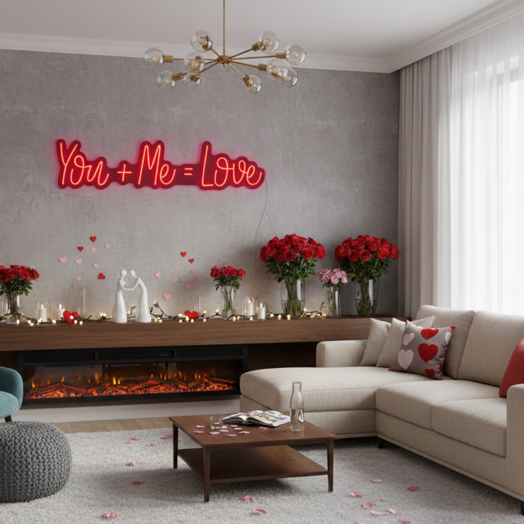 You Me Love Valentine’s Day Neon Sign glowing on wall for romantic décor by Neon.Shop