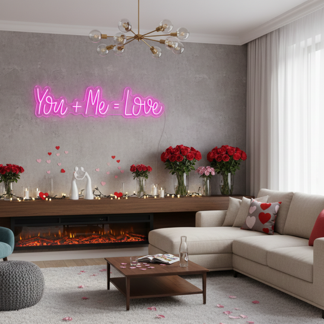 You Me Love Valentine’s Day Neon Sign glowing on wall for romantic décor by Neon.Shop