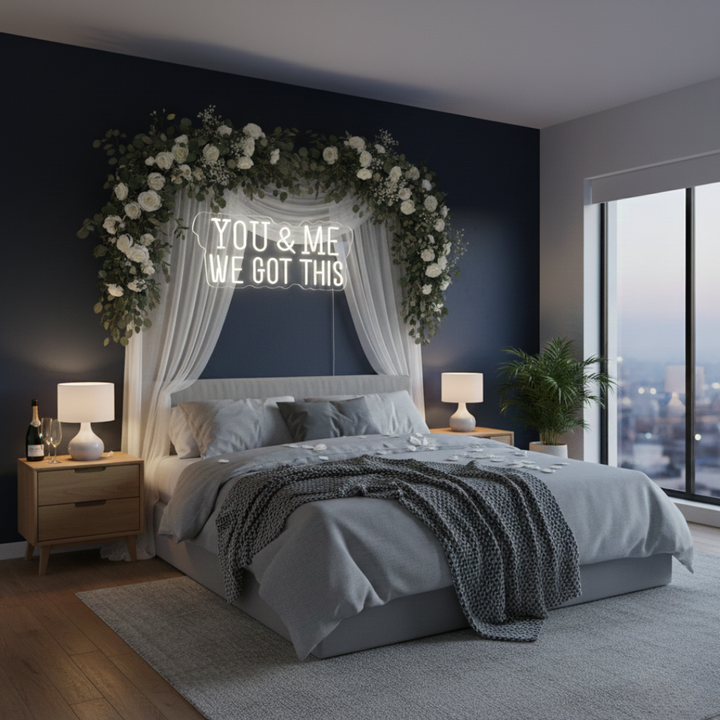 You & Me We Got This wedding LED neon sign glowing on backdrop – Neon.Shop