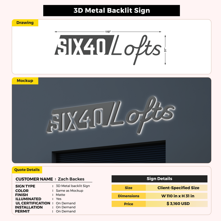 3D Metal Backlit Sign For Zach Backes