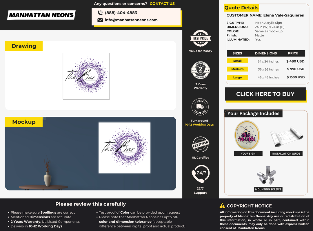 Neon acrylic sign for Elena Vale-Saquieres