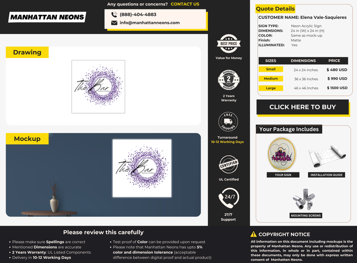 Neon acrylic sign for Elena Vale-Saquieres