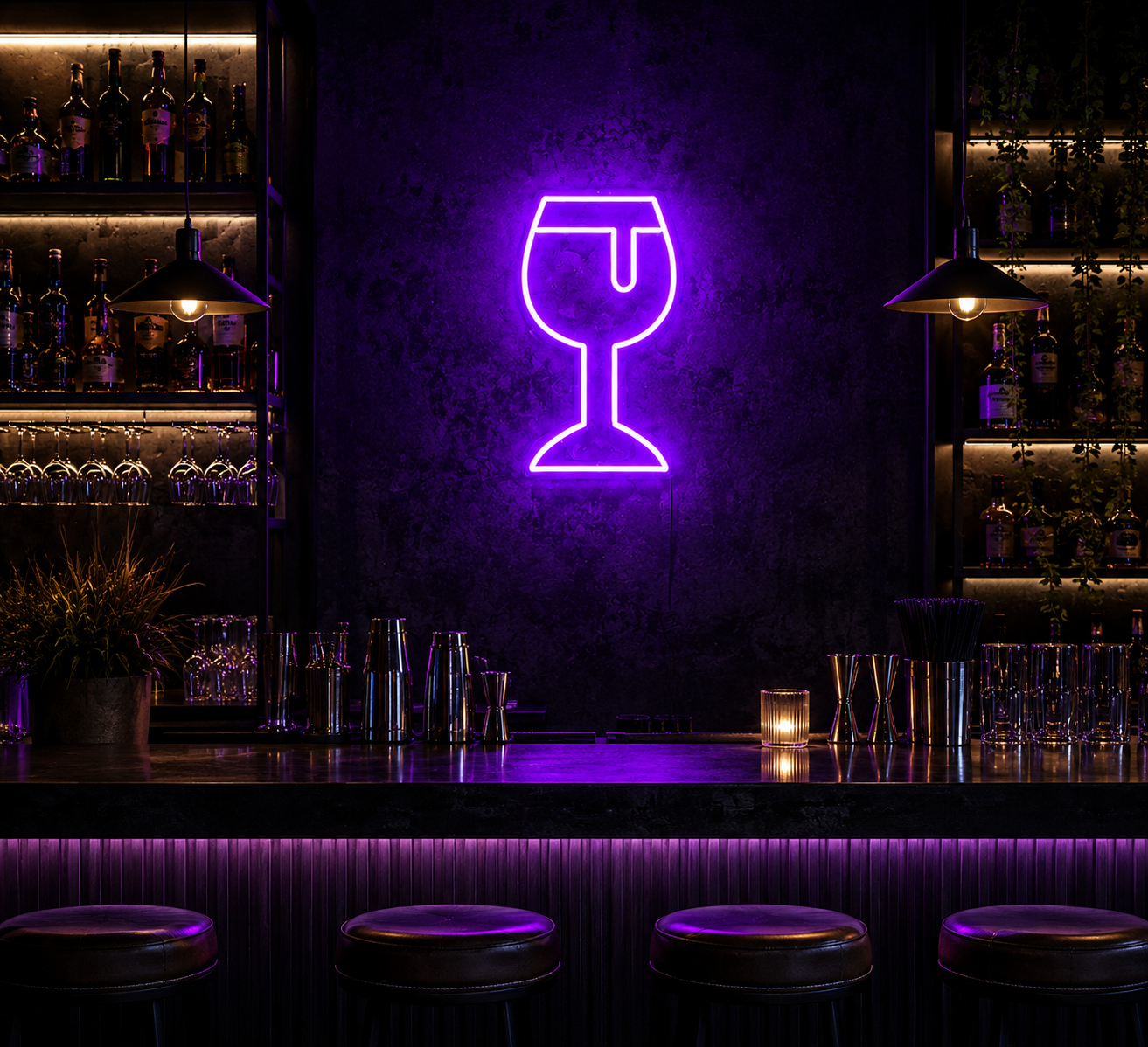 Purple Neon Wine Glass Sign Moody Bar Wall Décor