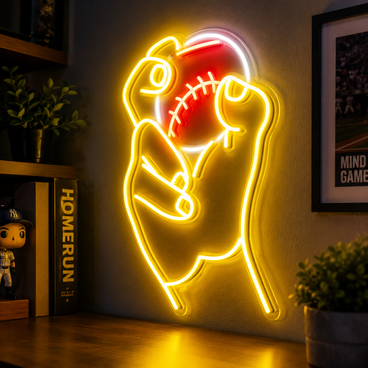 Neon Baseball Hand Sign Vibrant Wall Art
