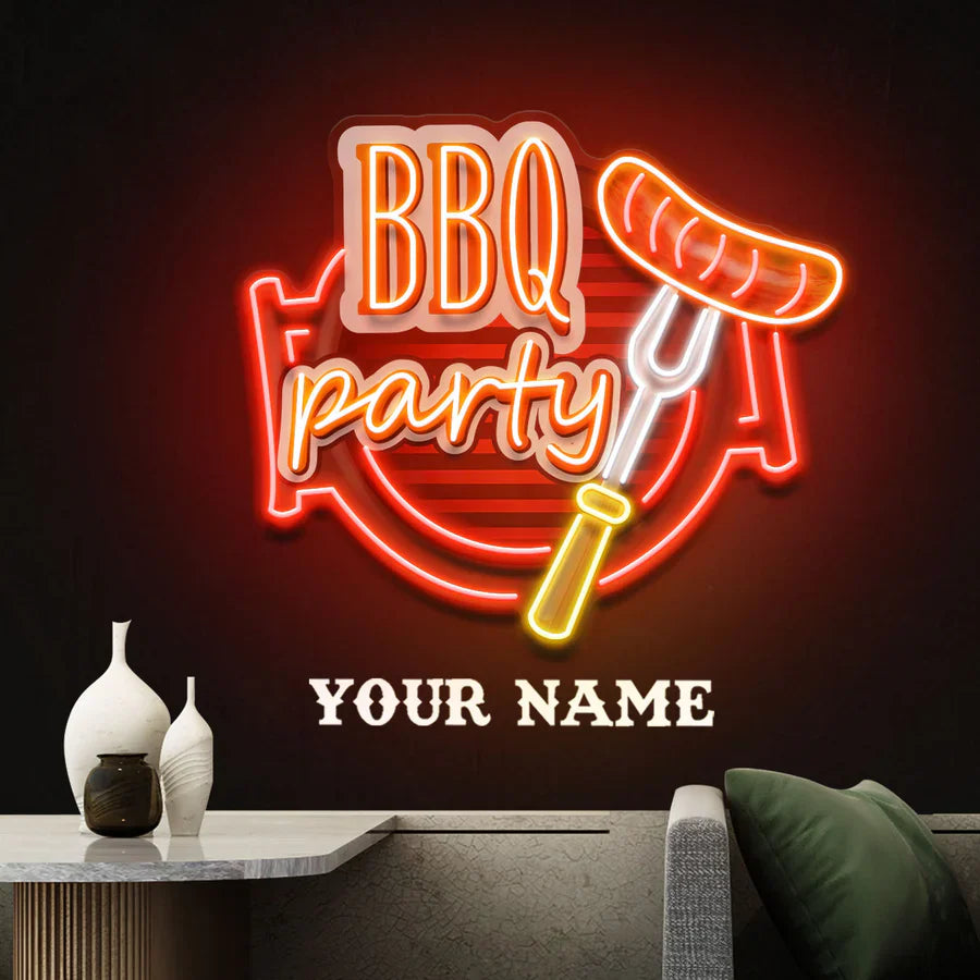 BBQ Grilling UV Art LED Neon Sign in red and yellow colour by manhattanneons.com