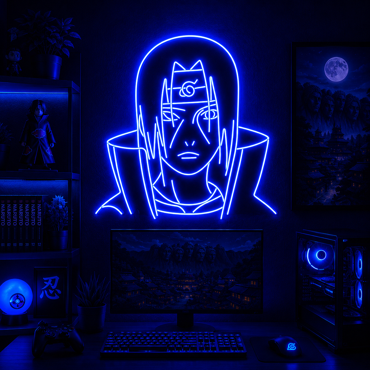 Dark Blue Neon Anime Character LED Wall Sign Moody Gaming & Collector Room Decor
