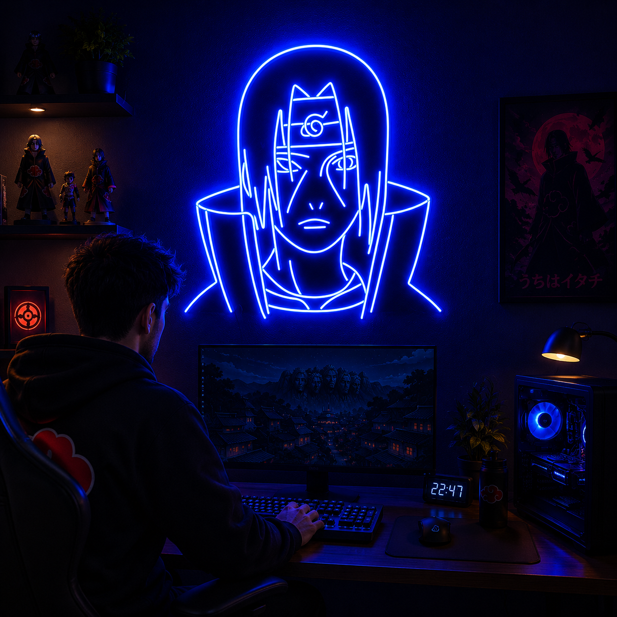Dark Blue Neon Anime Character LED Wall Sign Moody Gaming & Collector Room Decor