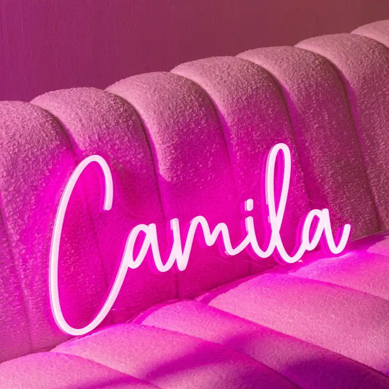 CAMILA Name LED Neon Sign by Neon.Shop glowing in vibrant LED colors, personalized name light for bedroom décor, studios, nurseries, parties, and modern home styling.