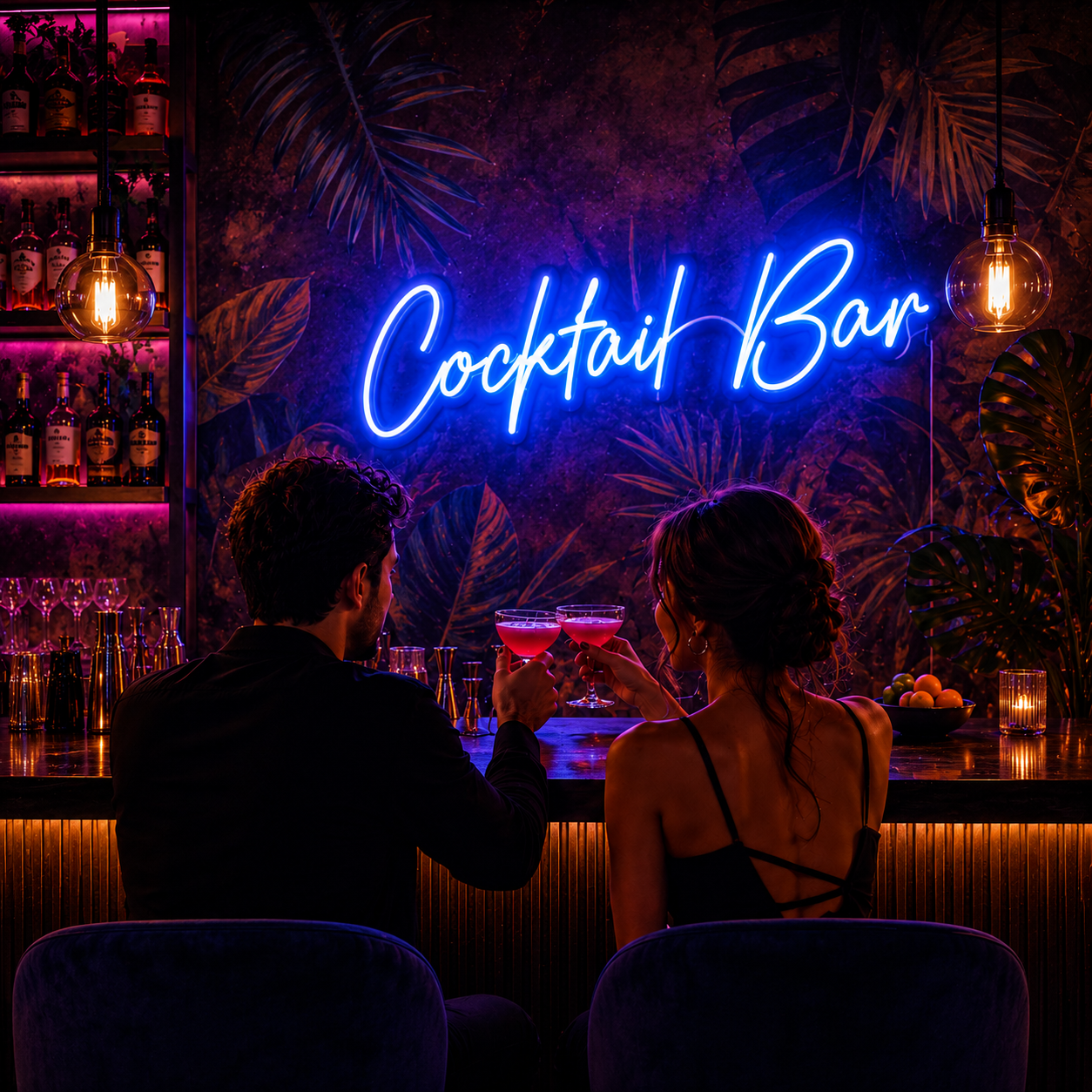 Cocktail Bar Neon Sign Vibrant Blue LED Wall Décor