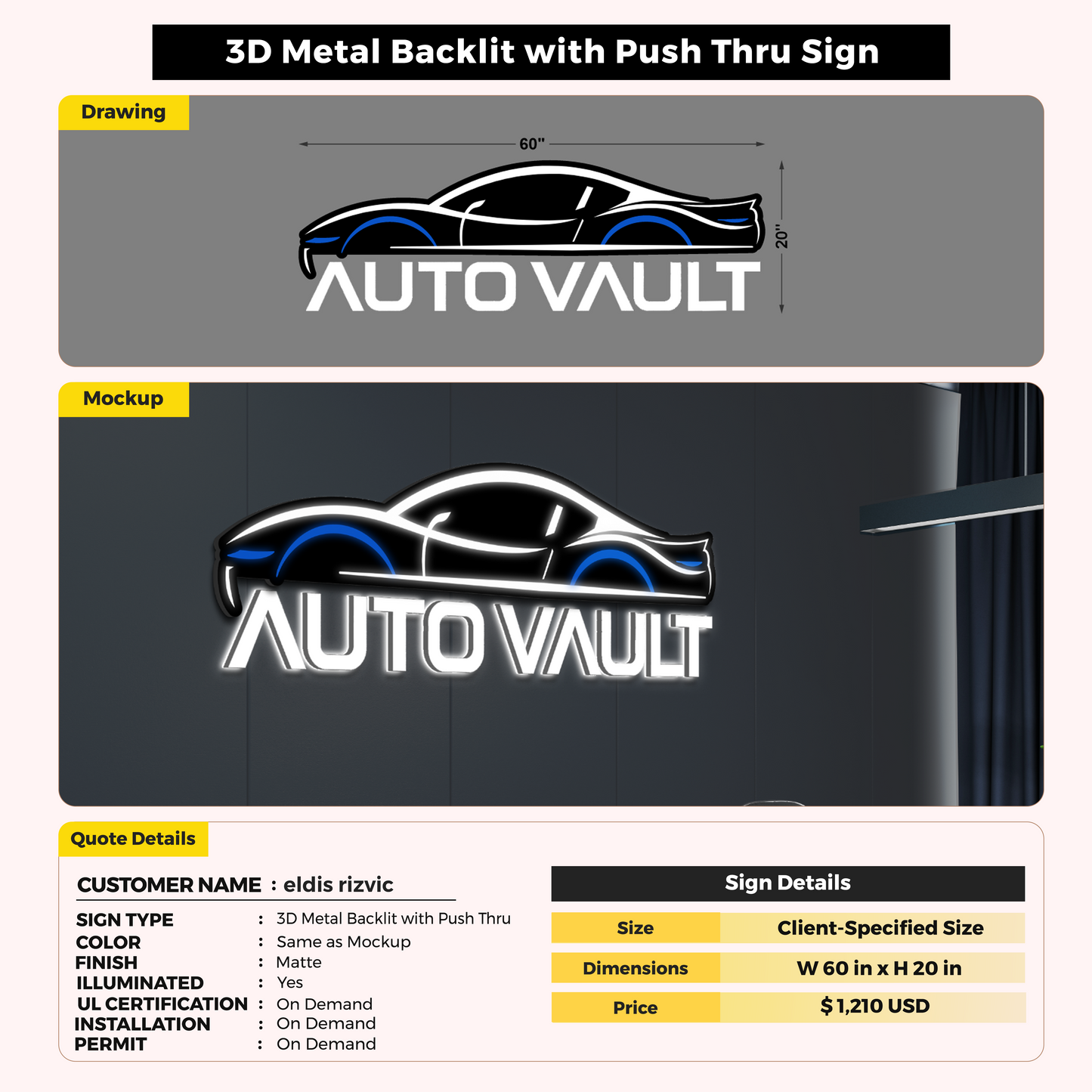 3D Metal Backlit with Push Thru Sign for eldis rizvic
