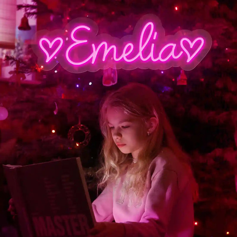 EMELIA Name LED Neon Sign by Neon.Shop glowing brightly, custom LED name light for bedroom décor, nurseries, beauty studios, parties, and modern home styling.