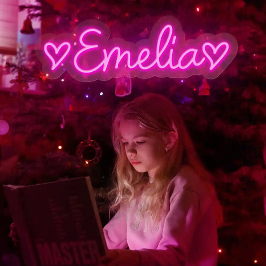 EMELIA Name LED Neon Sign by Neon.Shop glowing brightly, custom LED name light for bedroom décor, nurseries, beauty studios, parties, and modern home styling.