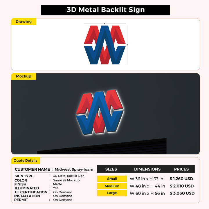 3D Metal backlit sign for Midwest Spray-foam Insulators