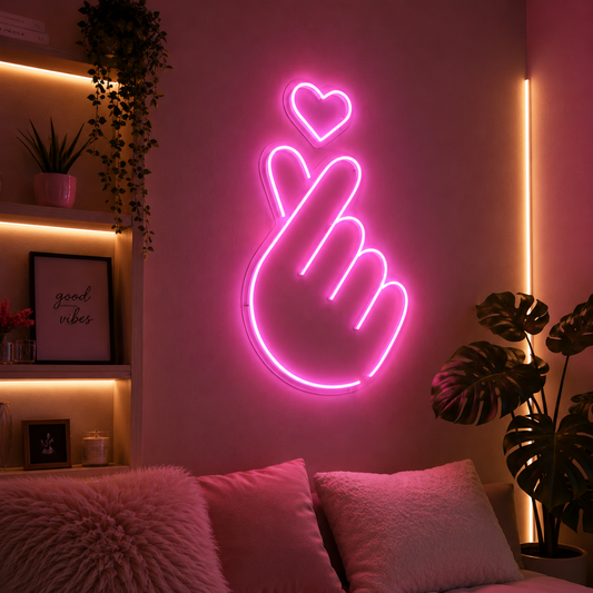 Neon Finger Heart Sign LED Light Pink Glow Wall Art