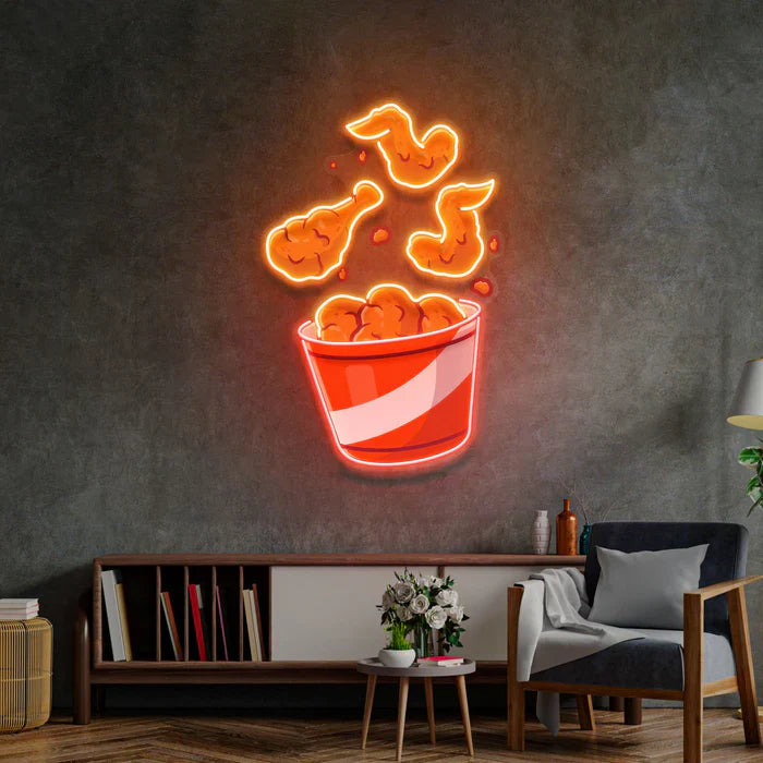 Flying Fried Chicken UV Art LED Neon Sign with colorful UV art glow, food-themed LED wall décor by Neon.Shop
