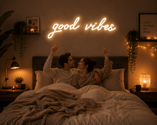 Cozy Bedroom Neon Sign – “Good Vibes” Warm White Glow
