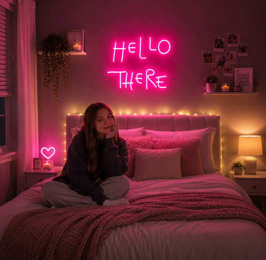 Cozy Teen Bedroom with Vibrant Neon Sign