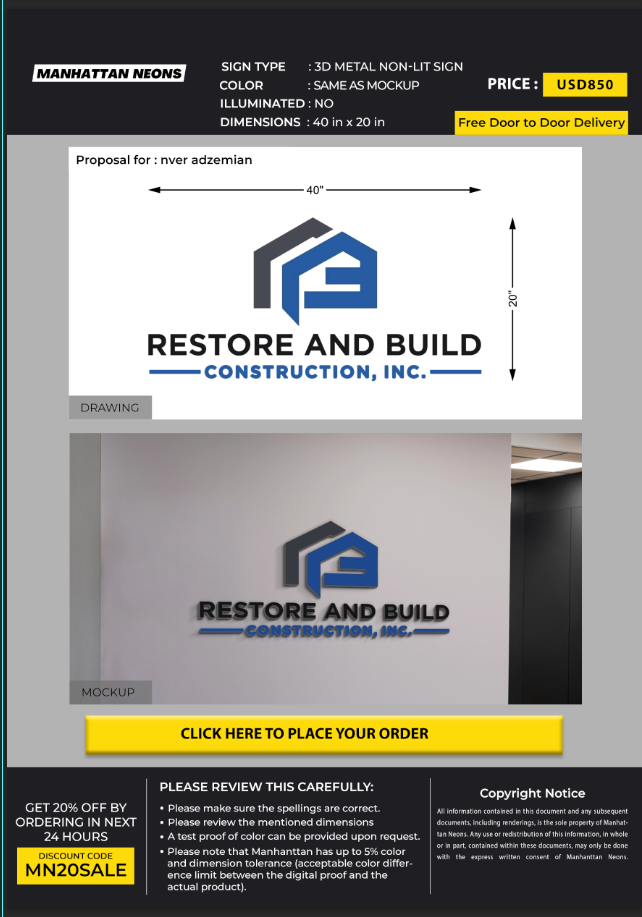 3D Metal Non-lit Sign For nver adzemian