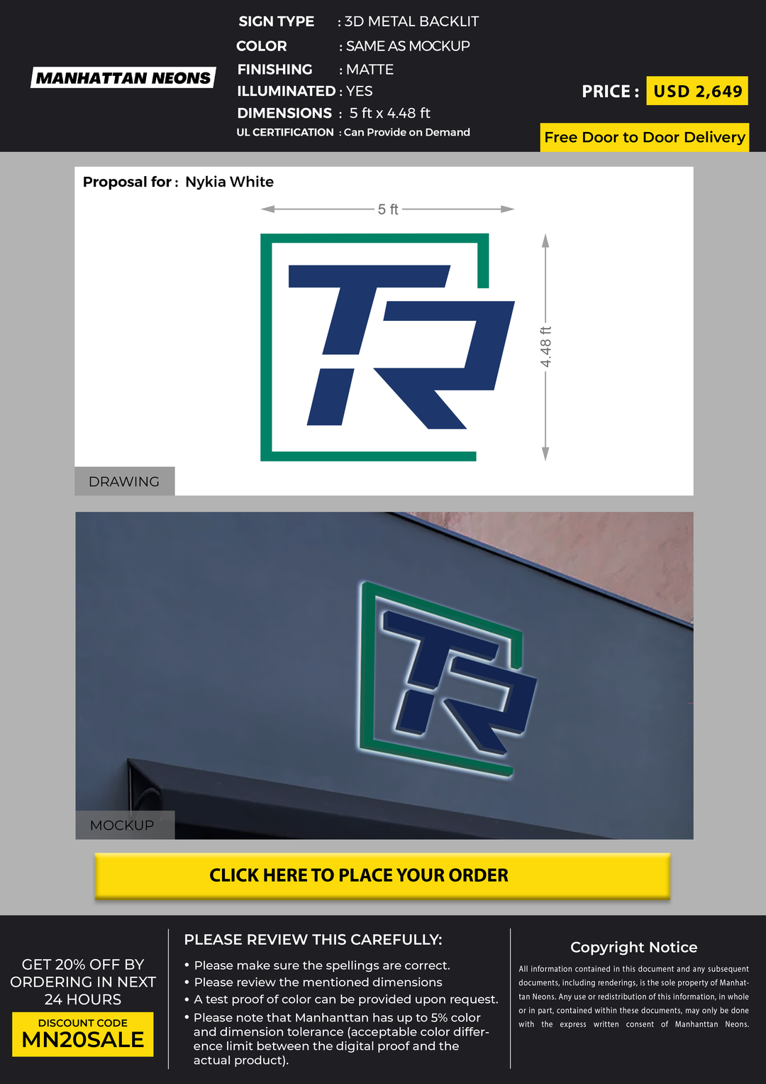 3D METAL BACKLIT SIGN FOR Nykia White