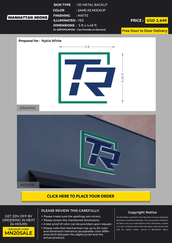 3D METAL BACKLIT SIGN FOR Nykia White