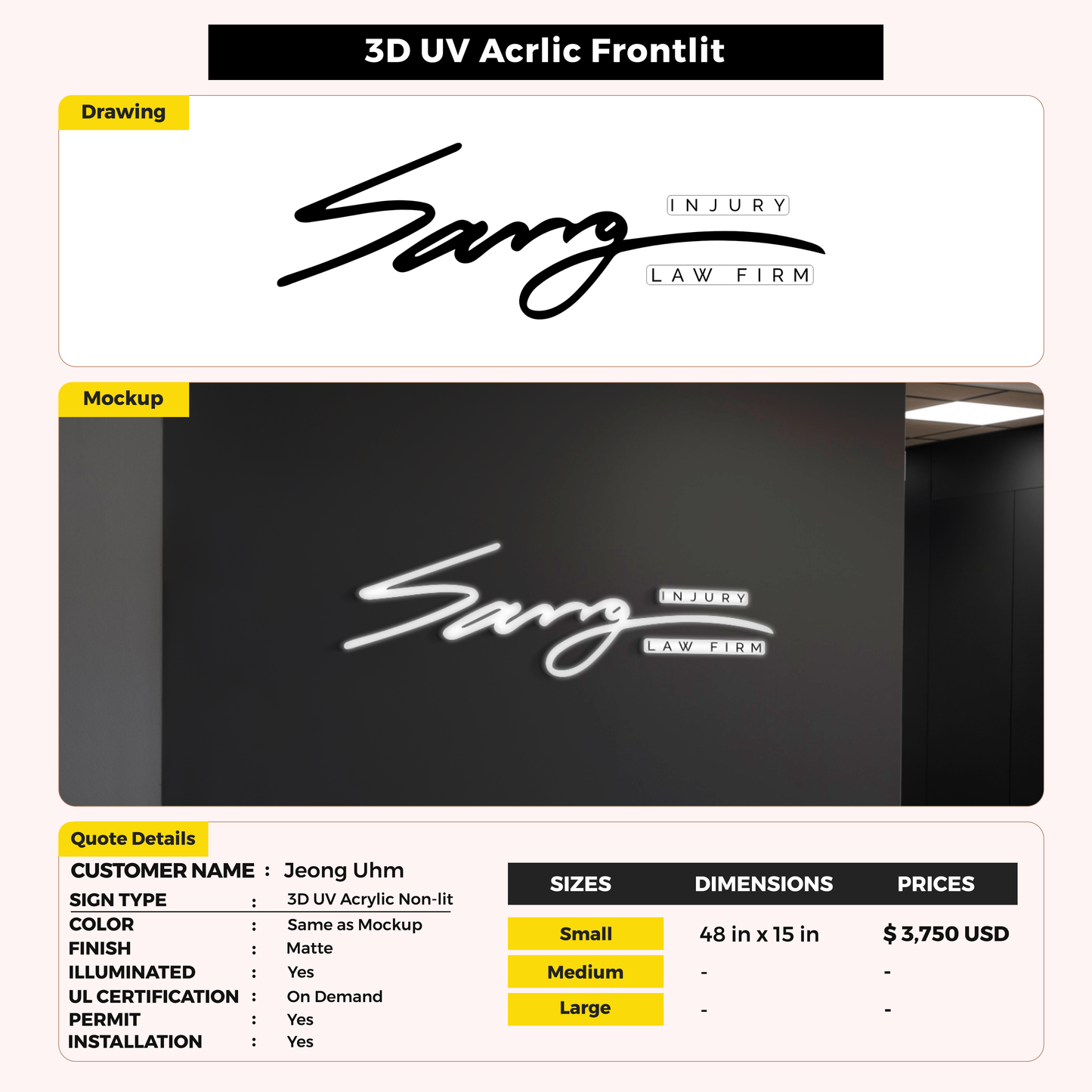 3D UV Acrylic Frontlit Sign for Won Jeong Uhm