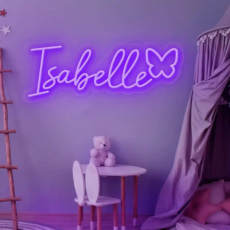 ISABELLA Name LED Neon Sign by Neon.Shop glowing brightly, custom LED name light for bedroom décor, nurseries, beauty studios, parties, and modern home styling.