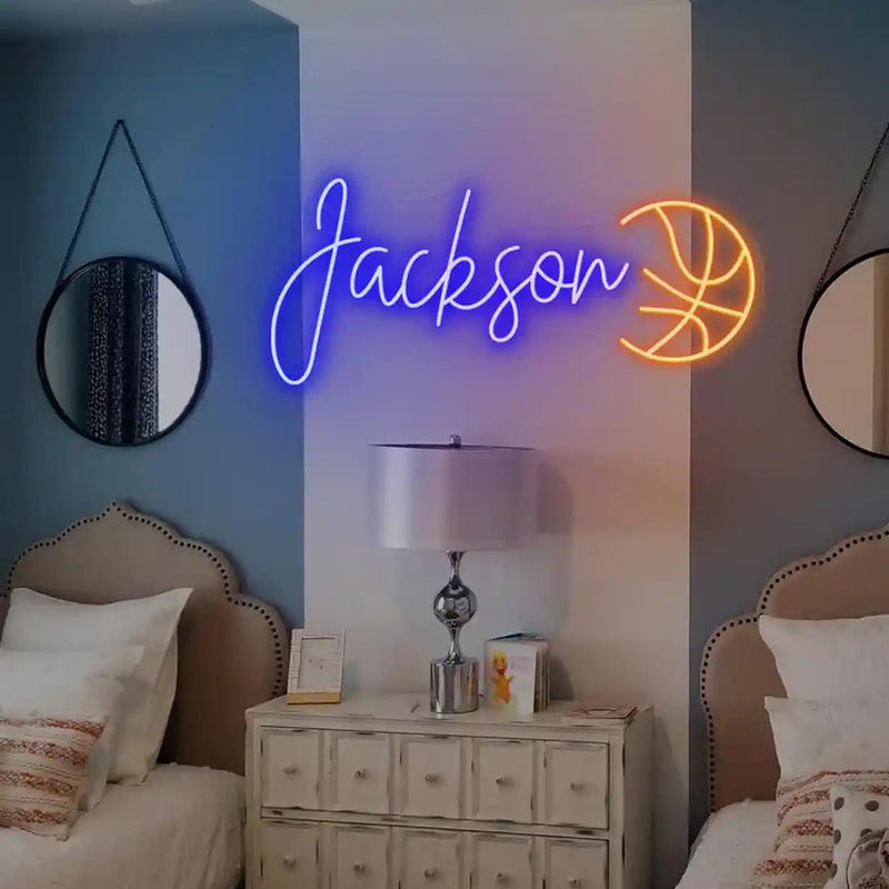 JACKSON Name LED Neon Sign by Neon.Shop glowing brightly, custom LED name light for bedroom décor, offices, gaming rooms, parties, and modern home styling.
